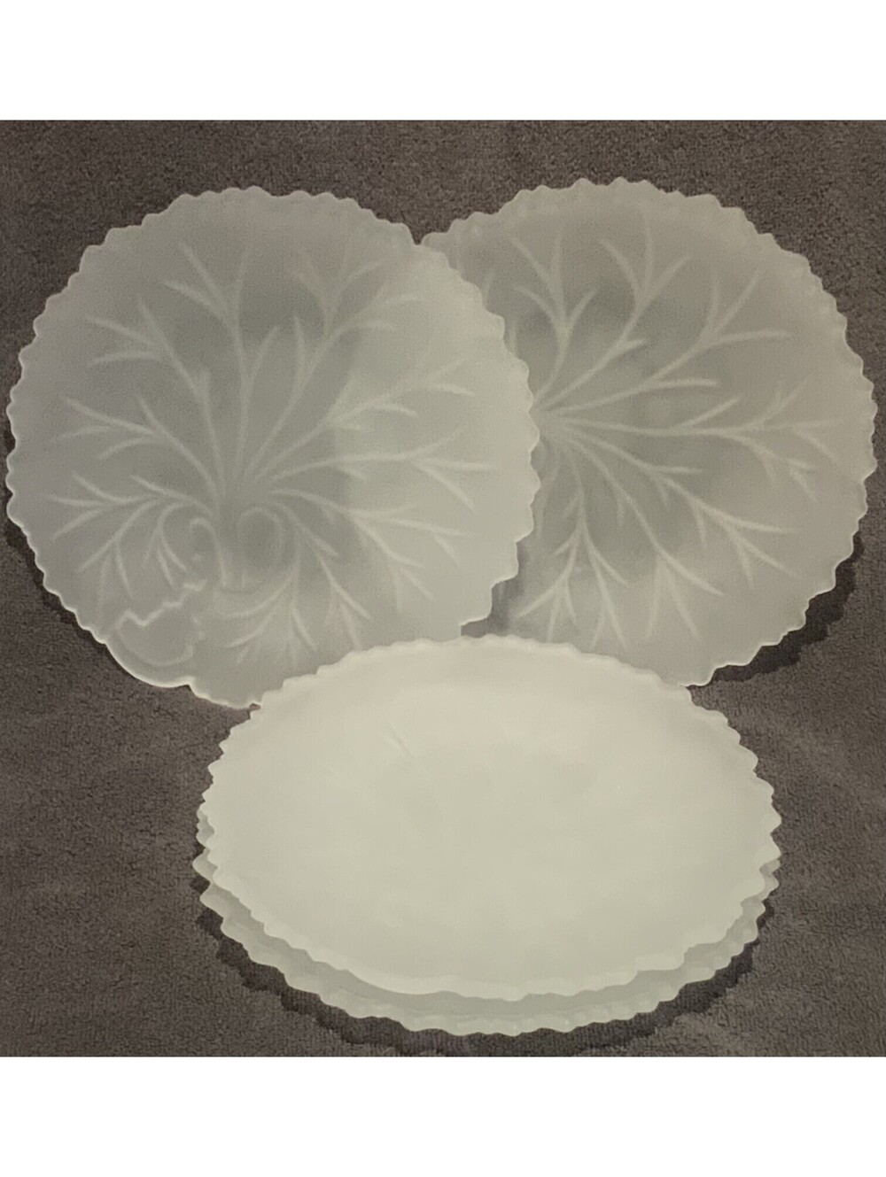 Vintage Indiana Glass Company Set of Four 8.5”D Textured Frosted Leaf Plates